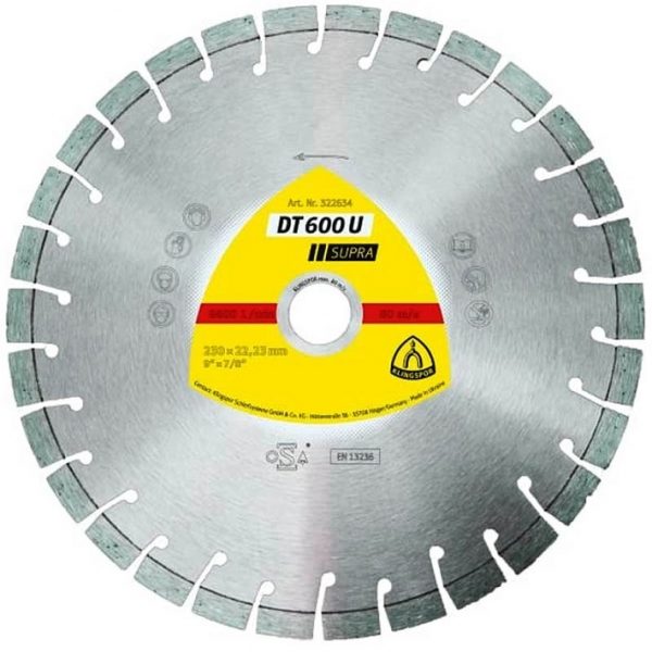 Disc diamantat DT600U Supra KLINGSPOR, pentru polizoare unghiulare, segmentat, 230x2.6x22.23 mm, 30K, 9 mm